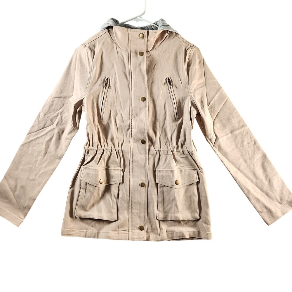 Eden Society Hooded Utility Jacket Women's Small Beige Full Zip‎ Stretch Pockets
